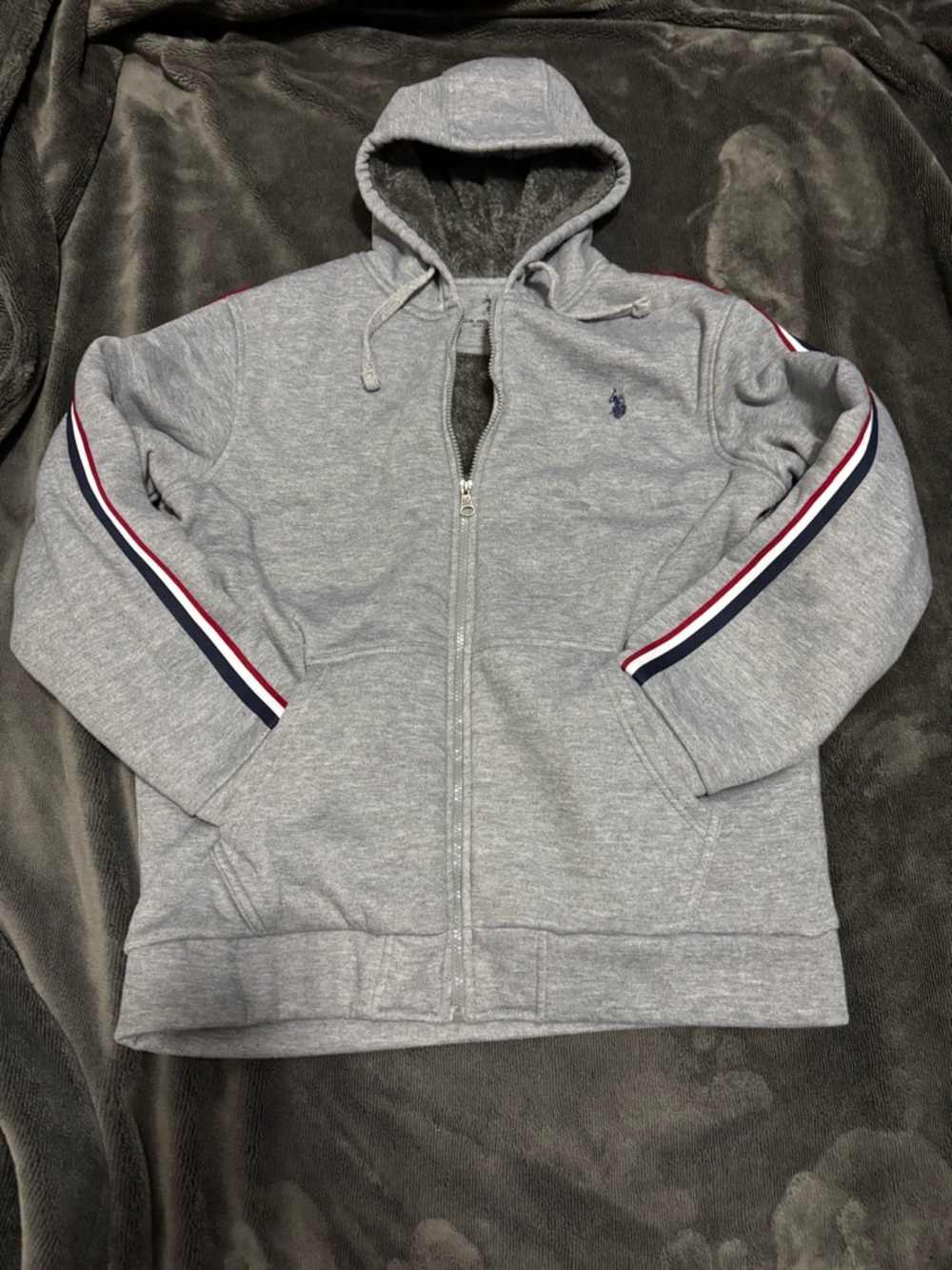 U.S. Polo Assn. Gray Hooded Zip Jacket with Red & Navy Stripe Trim - Mens